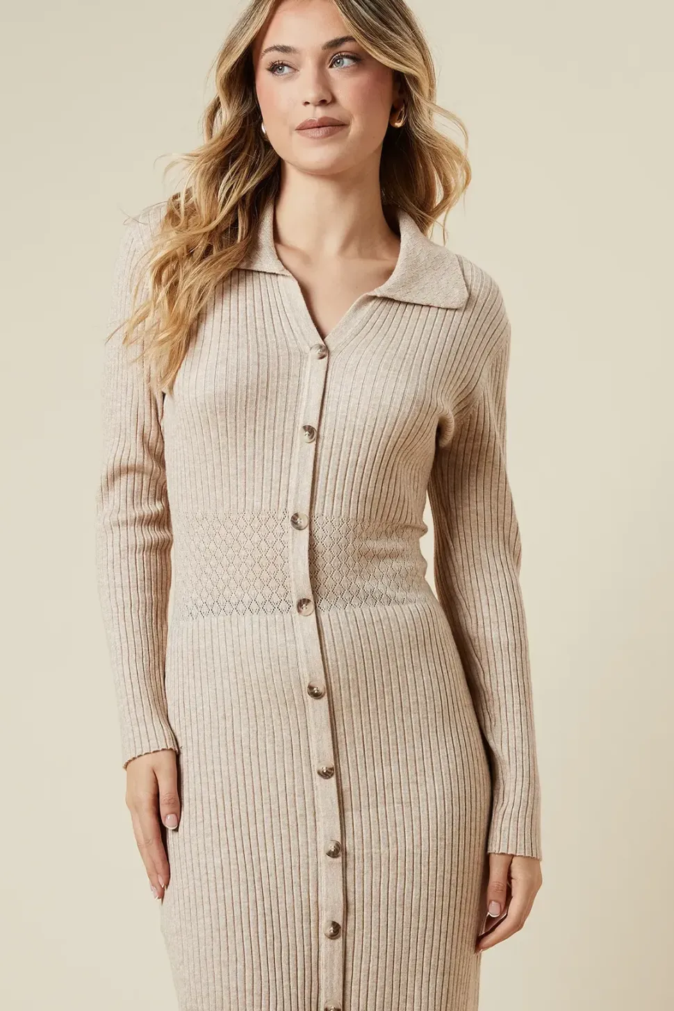 Pointelle Waist Detail Button Down Knitted Midi Dress
