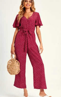 Polka Dot Angel Sleeve Culotte Jumpsuit In Red