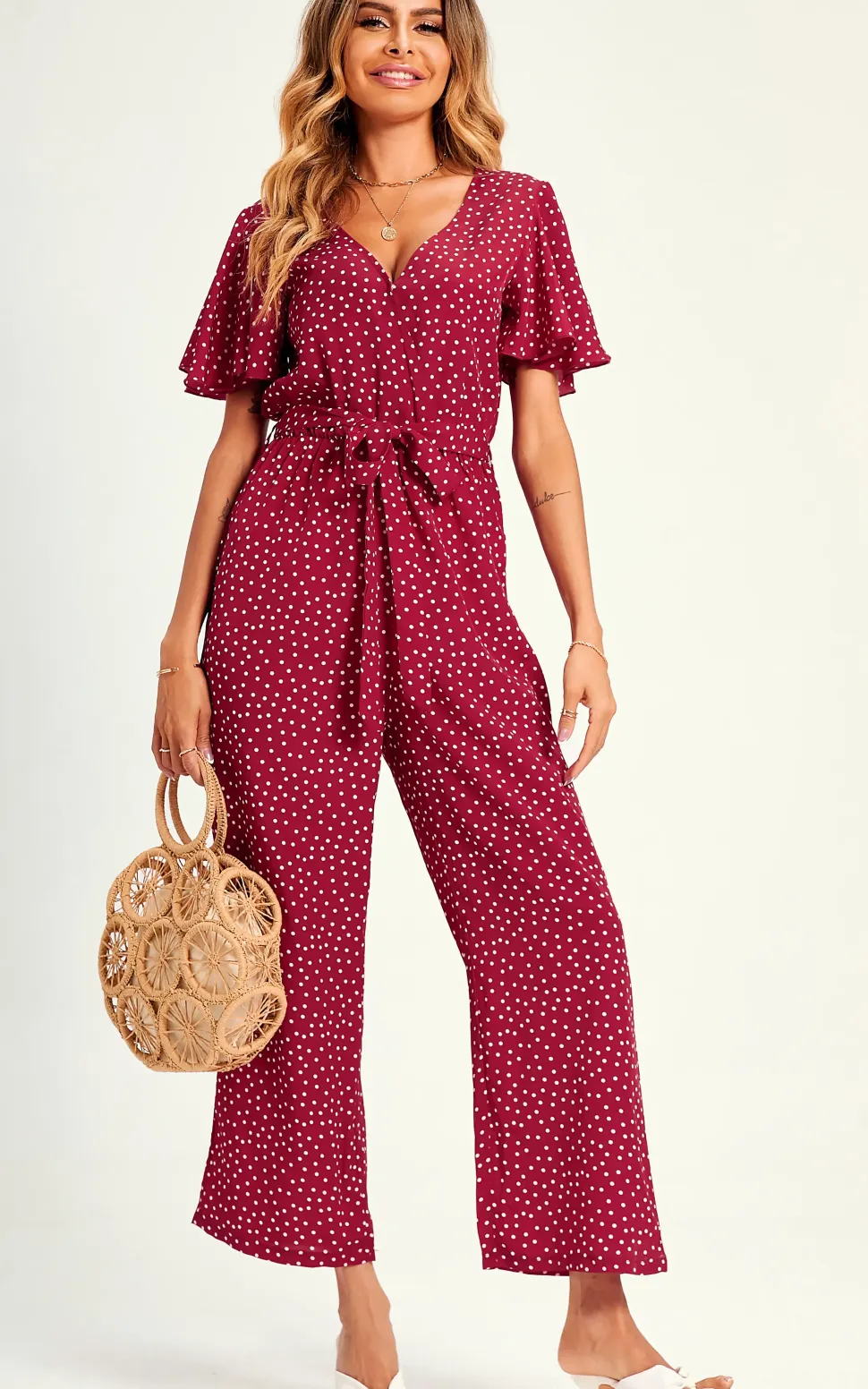 Polka Dot Angel Sleeve Culotte Jumpsuit In Red