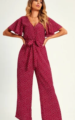 Polka Dot Angel Sleeve  Culotte Jumpsuit In Red