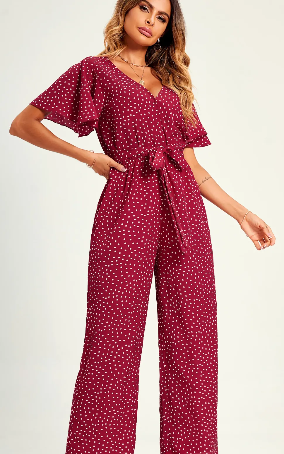 Polka Dot Angel Sleeve Culotte Jumpsuit In Red