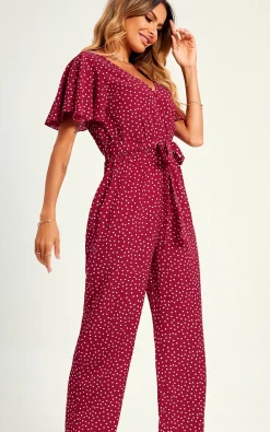 Polka Dot Angel Sleeve Culotte Jumpsuit In Red