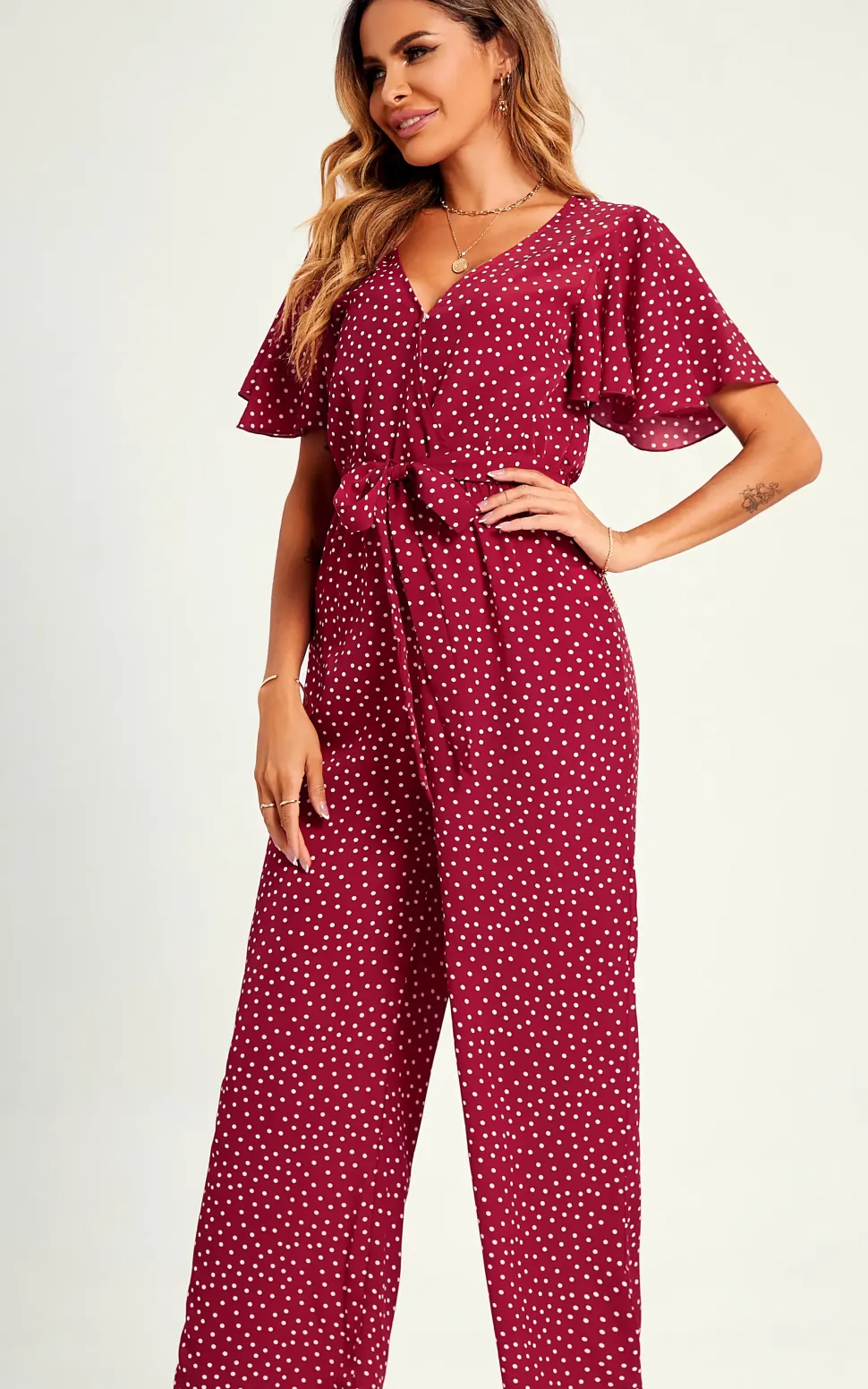 Polka Dot Angel Sleeve Culotte Jumpsuit In Red