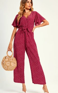 Polka Dot Angel Sleeve Culotte Jumpsuit In Red
