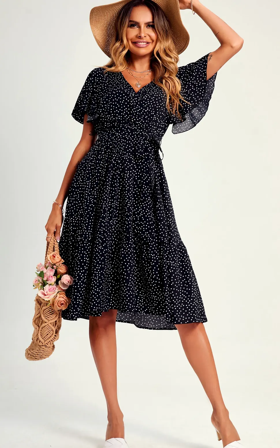 Polka Dot Hem Tiered Wrap Midi Dress In Black