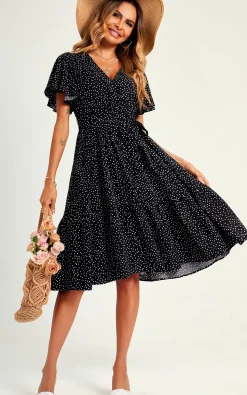 Polka Dot Hem Tiered Wrap Midi Dress In Black