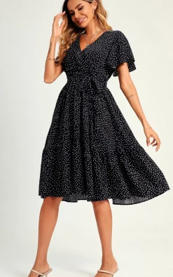 Polka Dot Hem Tiered Wrap Midi Dress In Black