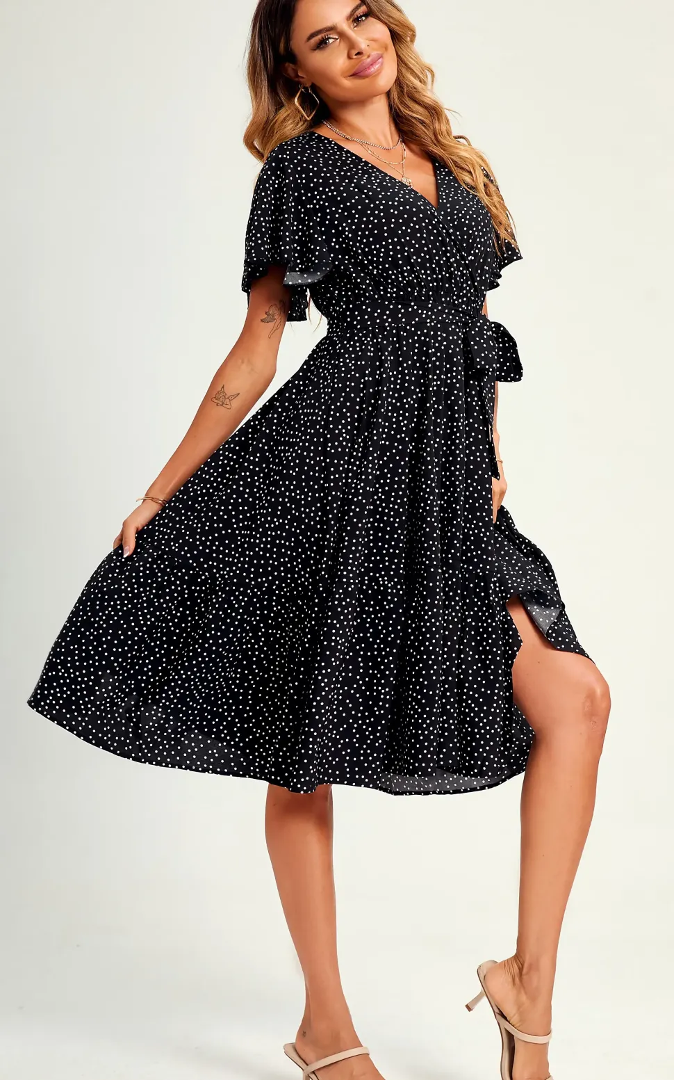Polka Dot Hem Tiered Wrap Midi Dress In Black