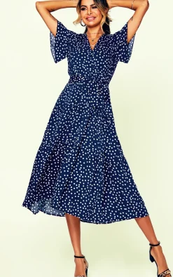 Polka Dot Hem Tiered Wrap Midi Dress In Navy