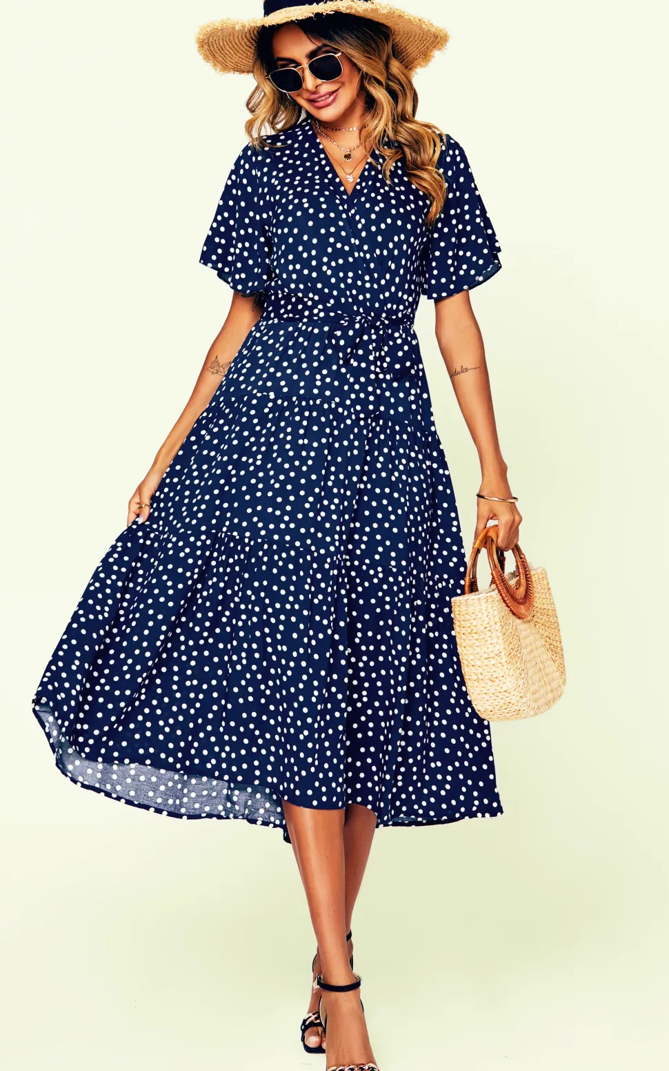 Polka Dot Hem Tiered Wrap Midi Dress In Navy