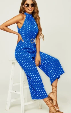 Polka Dot High Neck Jumpsuit with Belt