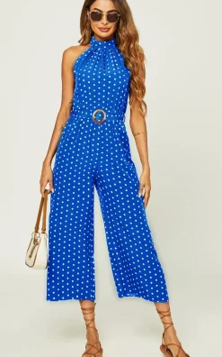Polka Dot High Neck Jumpsuit with Belt