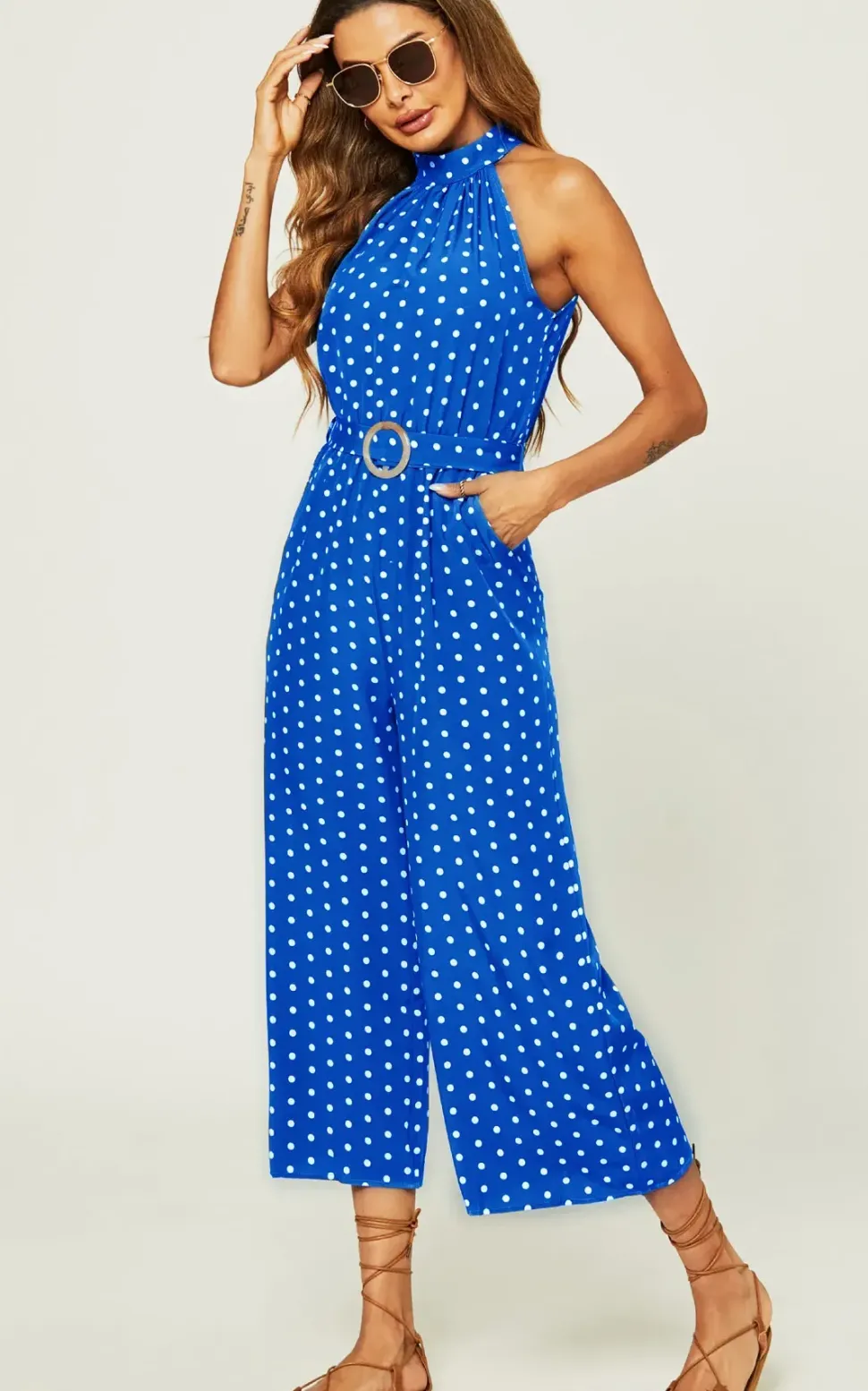 Polka Dot High Neck Jumpsuit with Belt