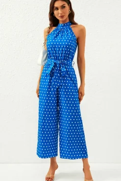 Polka Dot High Neck Jumpsuit with Belt