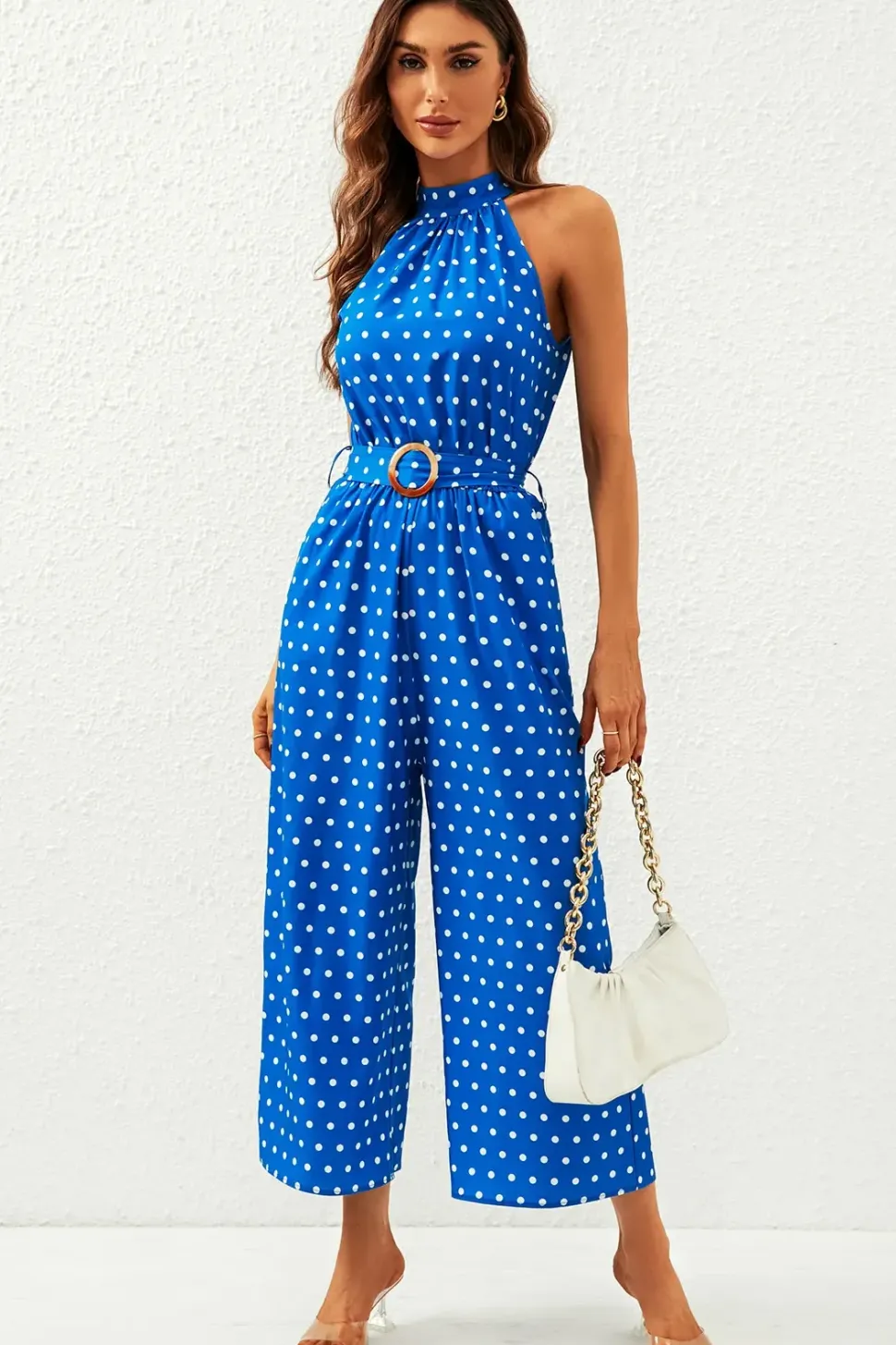 Polka Dot High Neck Jumpsuit with Belt