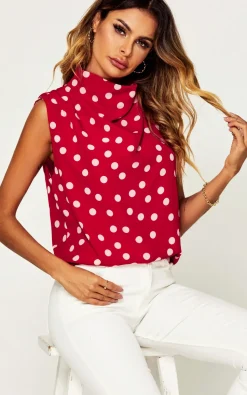Polka Dot High Neck Sleeveless Blouse In Red