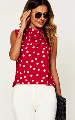 Polka Dot High Neck Sleeveless Blouse In Red