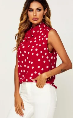 Polka Dot High Neck Sleeveless Blouse In Red
