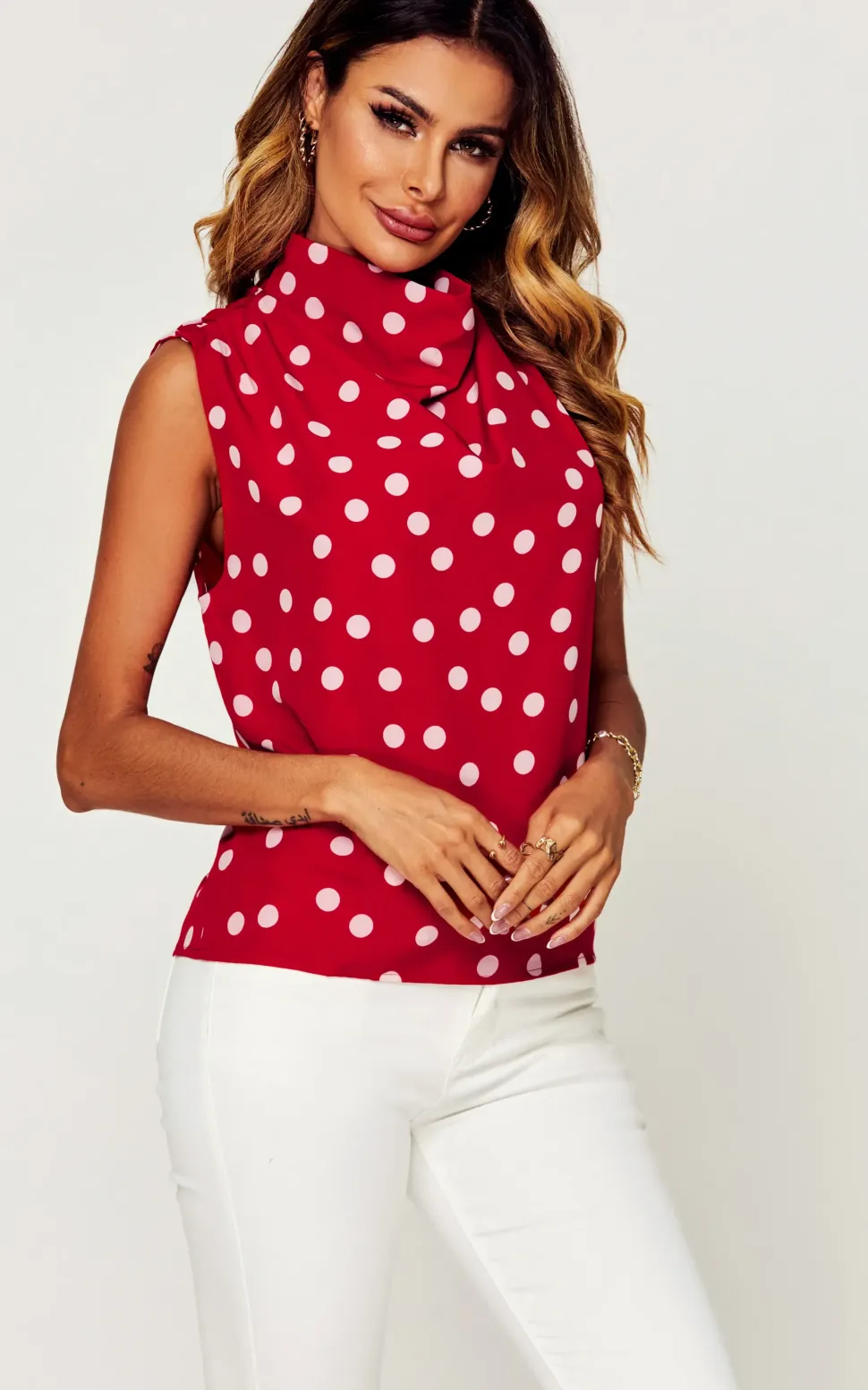 Polka Dot High Neck Sleeveless Blouse In Red