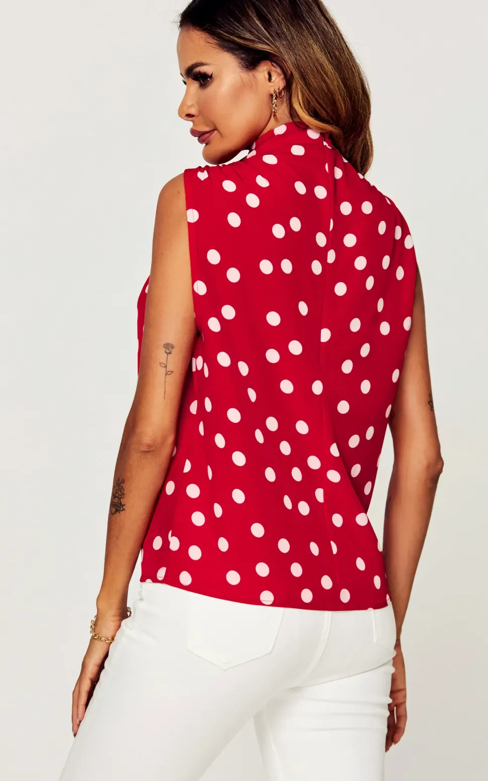 Polka Dot High Neck Sleeveless Blouse In Red