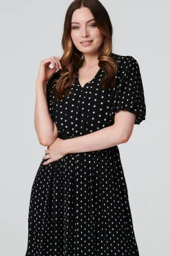 Polka Dot Pleated Midi Dress