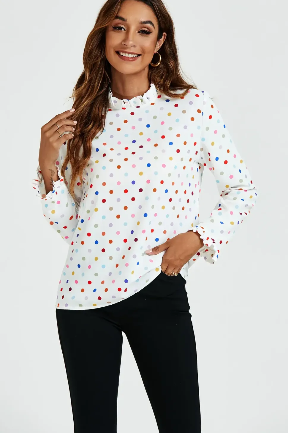 Polka Dot Print Frill Detail High Neck Top In White