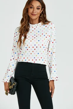 Polka Dot Print Frill Detail High Neck Top In White