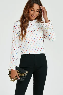 Polka Dot Print Frill Detail High Neck Top In White