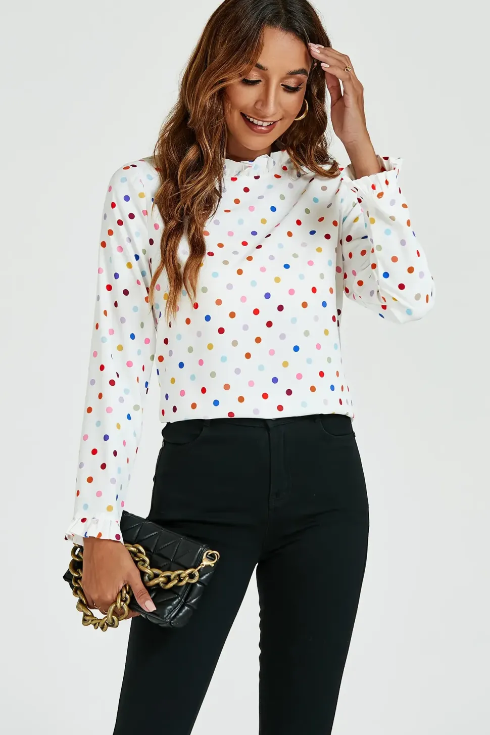 Polka Dot Print Frill Detail High Neck Top In White
