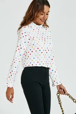 Polka Dot Print Frill Detail High Neck Top In White