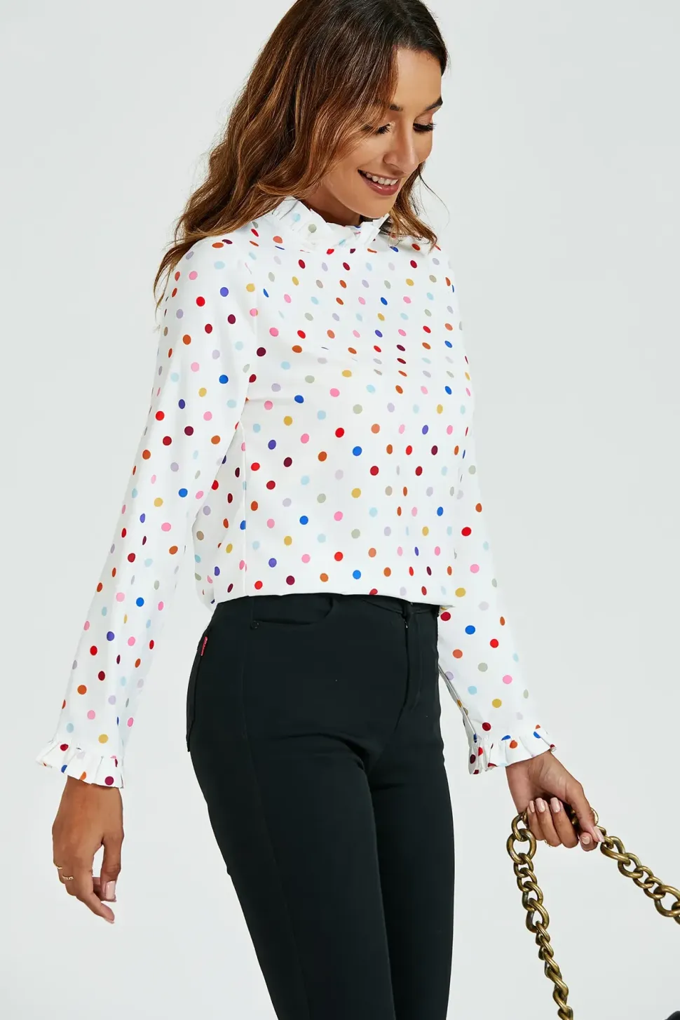 Polka Dot Print Frill Detail High Neck Top In White
