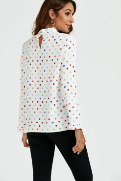 Polka Dot Print Frill Detail High Neck Top In White