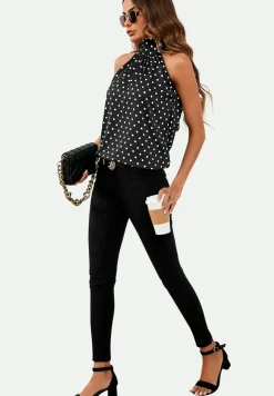 Polka Dot Print Halter Neck Tie Back Top In Black