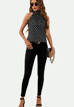 Polka Dot Print Halter Neck Tie Back Top In Black