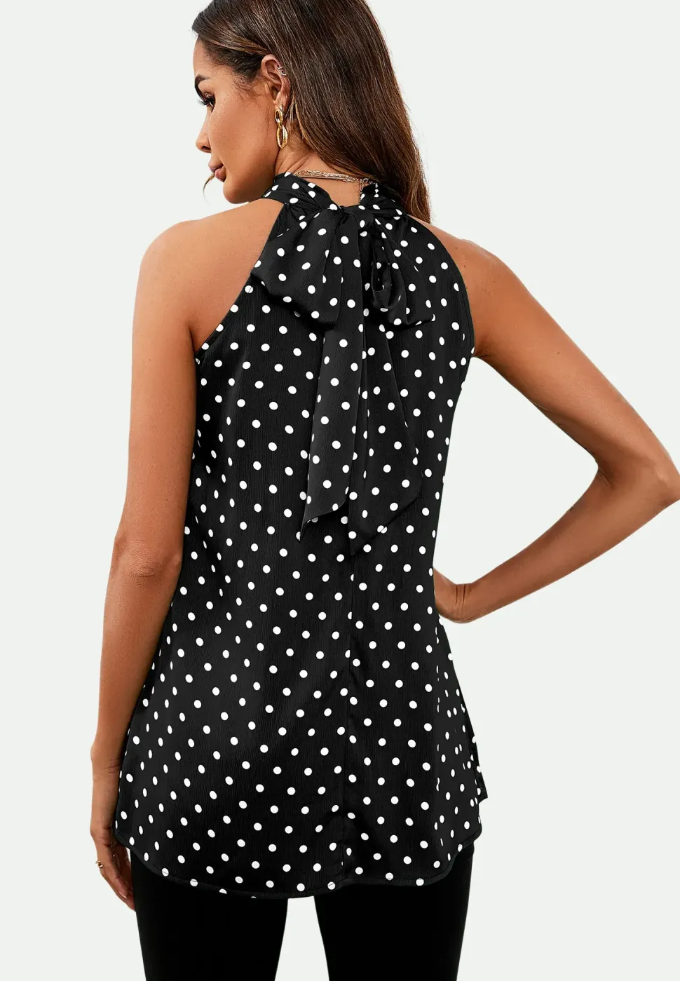 Polka Dot Print Halter Neck Tie Back Top In Black