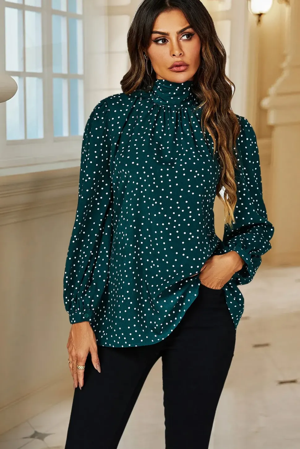 Polka Dot Print Long Sleeve Back Tie Blouse Top In Green