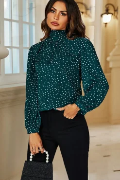 Polka Dot Print Long Sleeve Back Tie Blouse Top In Green