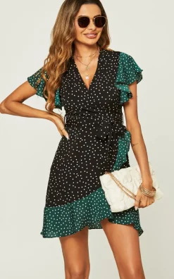 Polka Dot Print Mini Wrap Dress In Dark Green & Black
