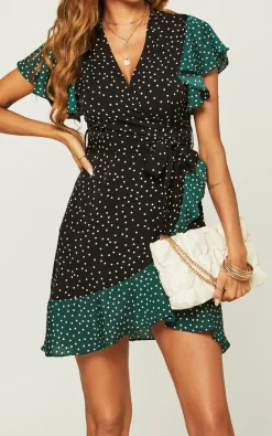 Polka Dot Print Mini Wrap Dress In Dark Green & Black