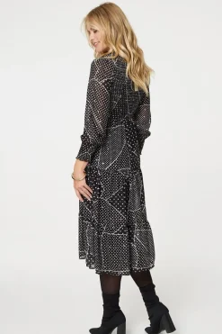 Polka Dot Print Puff Sleeve Midi Dress