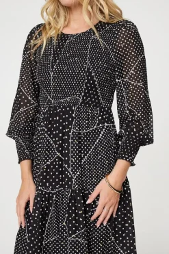 Polka Dot Print Puff Sleeve Midi Dress