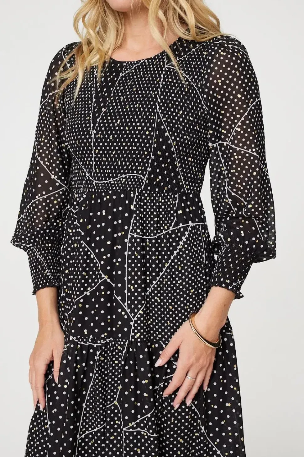 Polka Dot Print Puff Sleeve Midi Dress