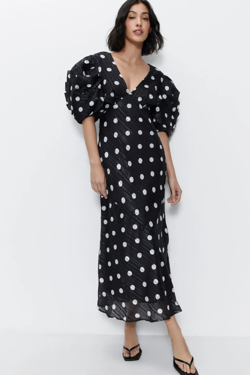 Polka Dot Print Puff Sleeve V Neck Dress