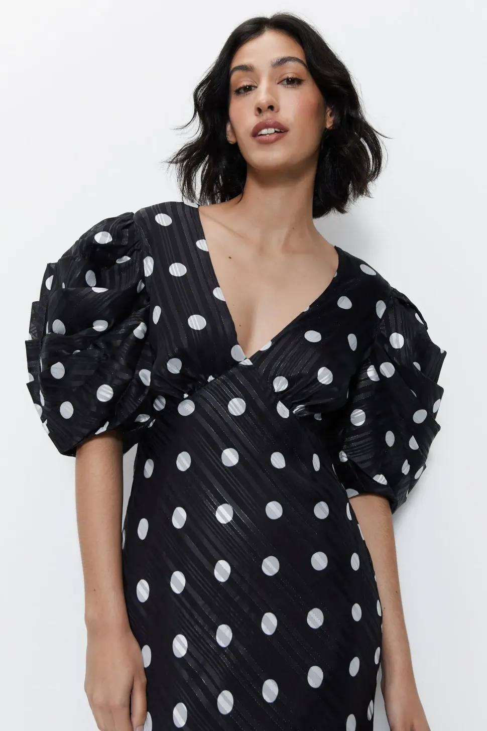 Polka Dot Print Puff Sleeve V Neck Dress