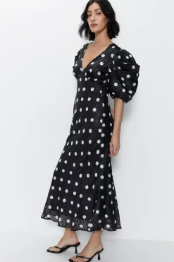 Polka Dot Print Puff Sleeve V Neck Dress