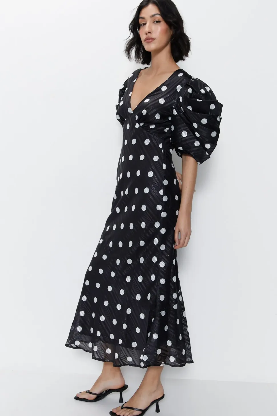 Polka Dot Print Puff Sleeve V Neck Dress