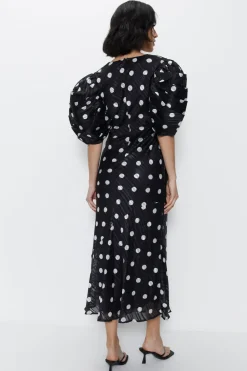 Polka Dot Print Puff Sleeve V Neck Dress