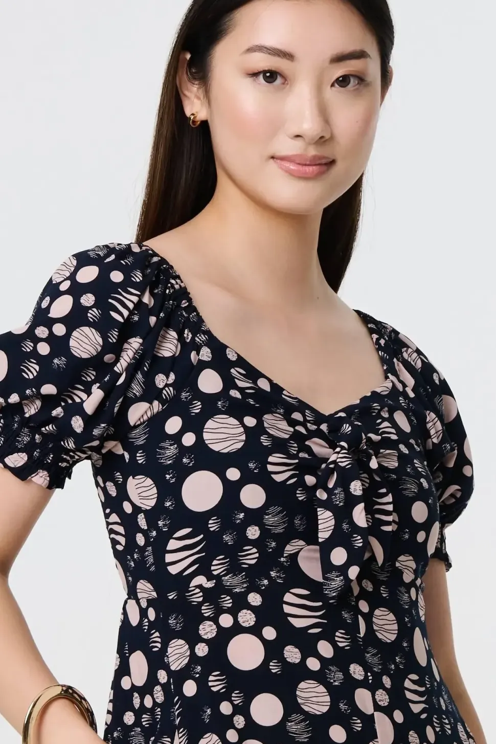 Polka Dot Print Tie Neck Midi Dress