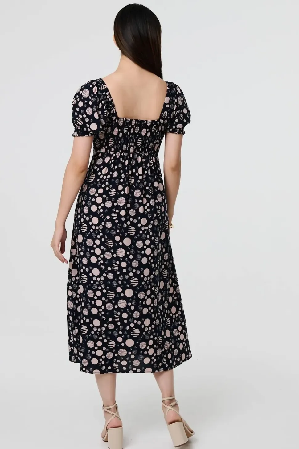 Polka Dot Print Tie Neck Midi Dress