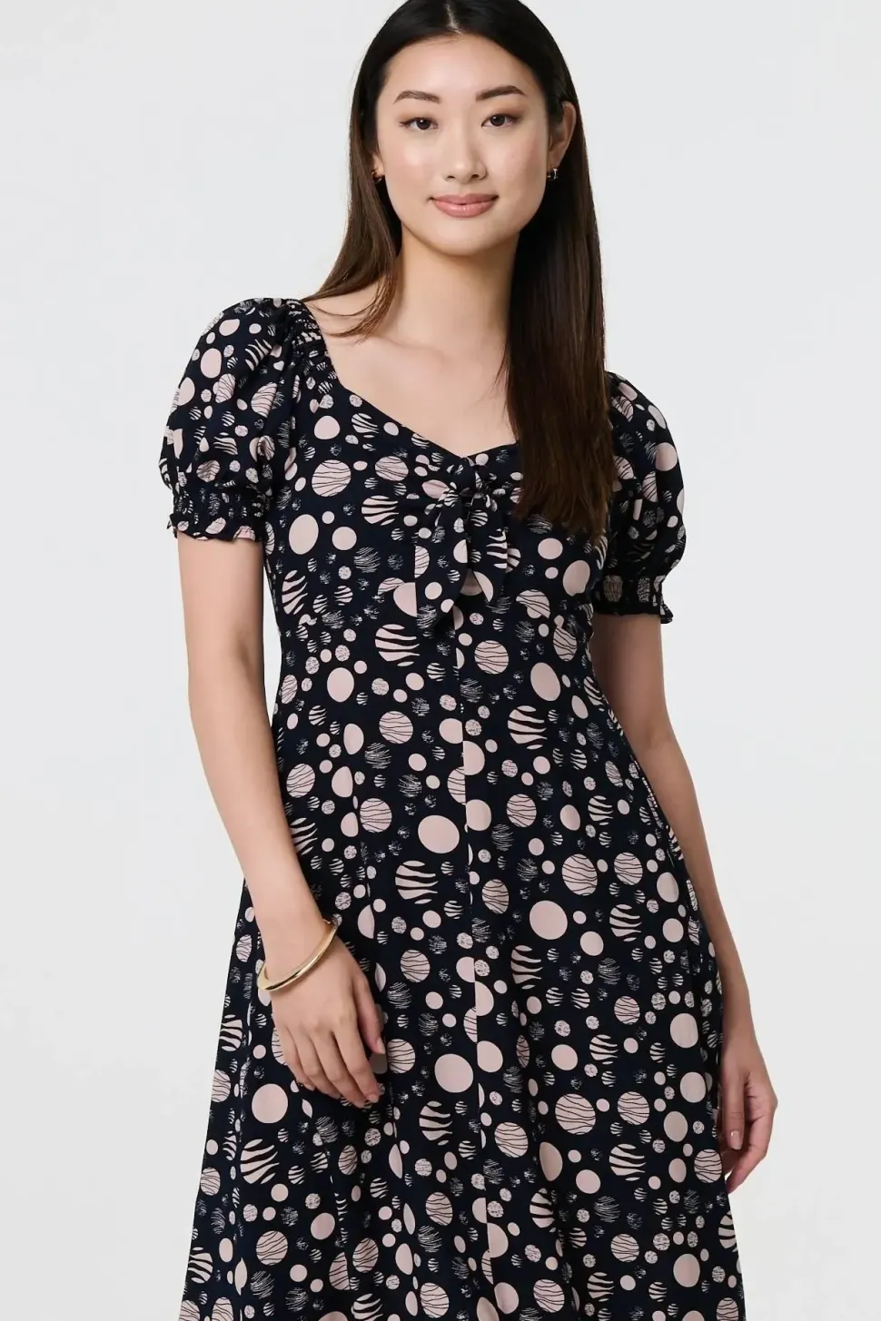 Polka Dot Print Tie Neck Midi Dress